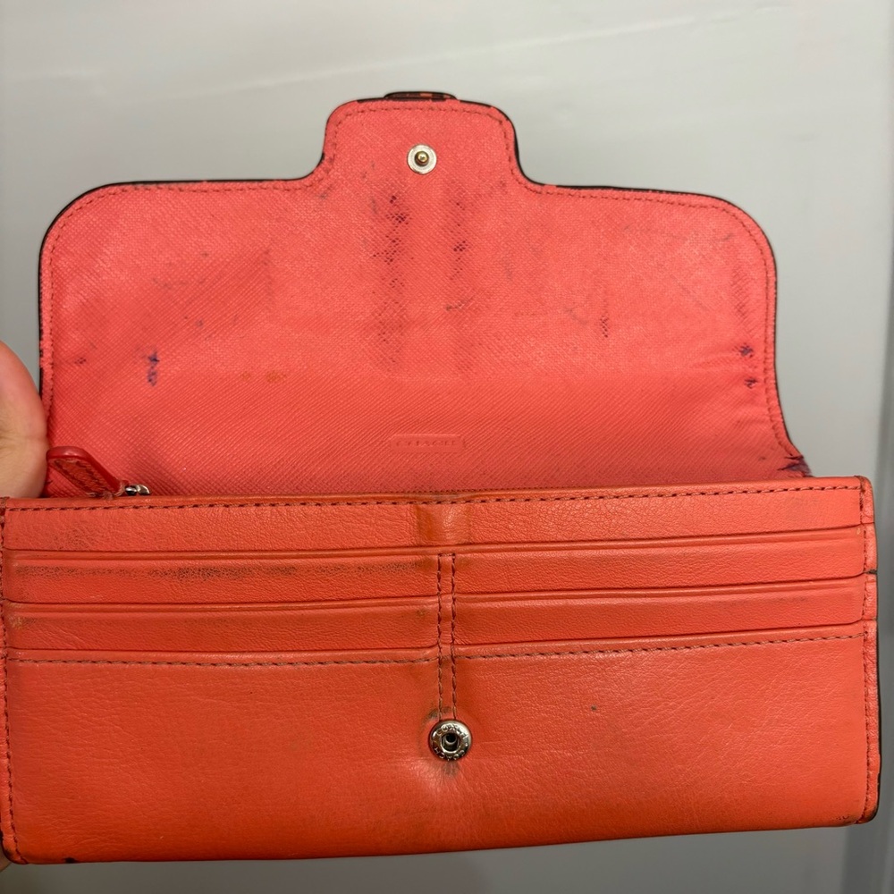 Coach Top Stitched Bifold Wallet Womens Leather Peach Coral Snap - Picture 2 of 6